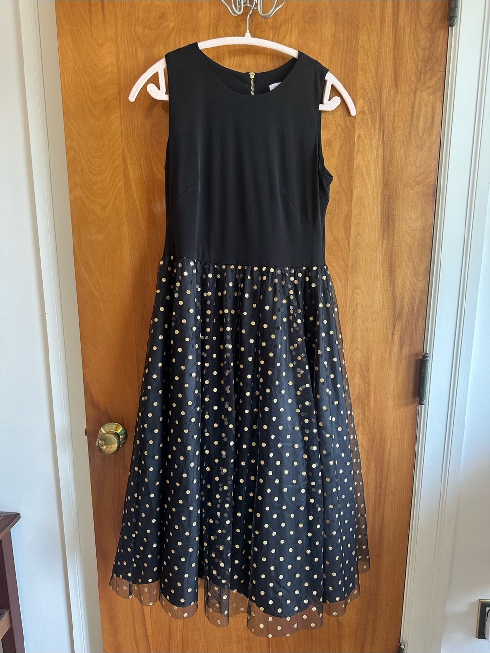 Calvin Klein Black Dress with Gold Polka Dot Skirt Overlay